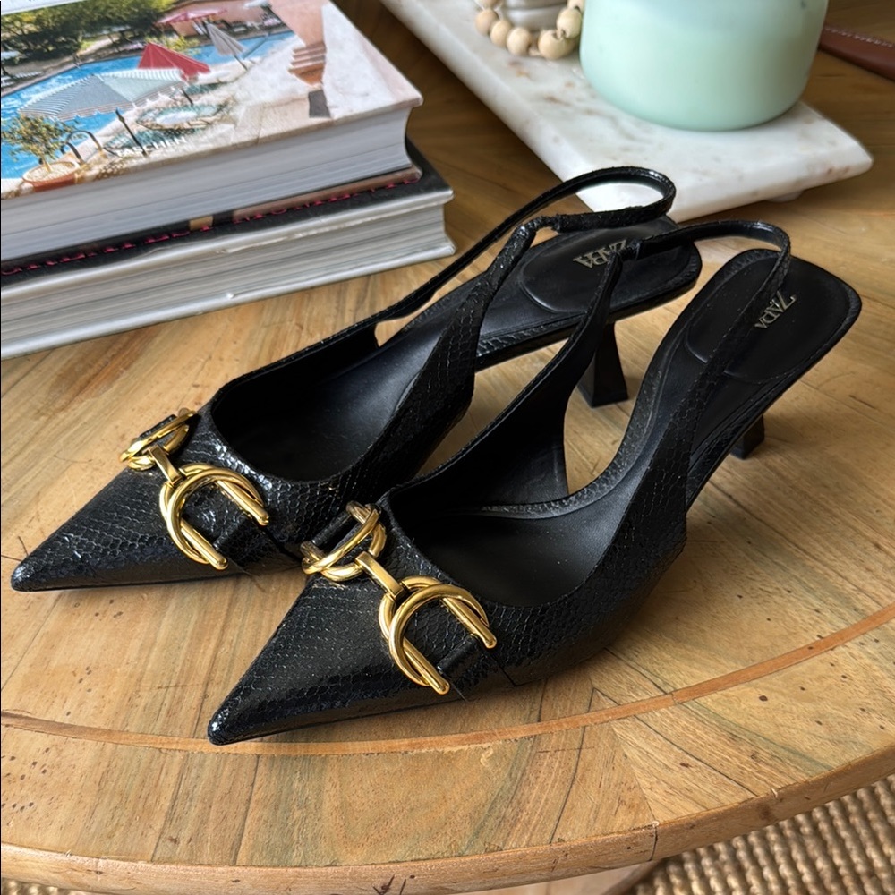 Zara Black and Gold Women's Slingback Heels